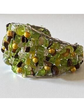 Adjustable Silver Cuff Bangle Bracelet Peridot Quartz Tiger's Eye Seed Pearls